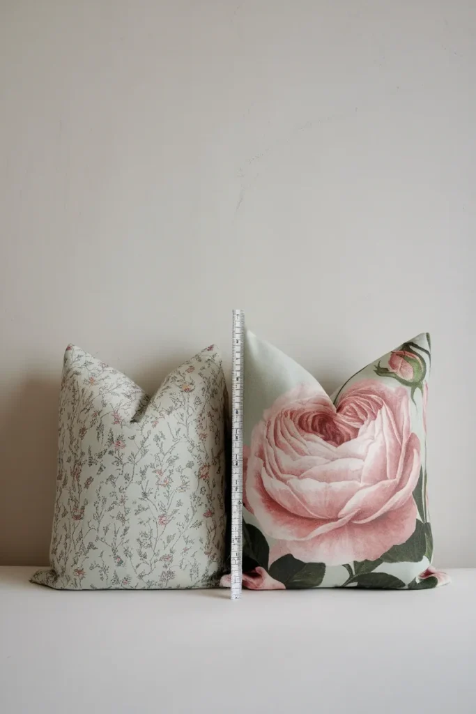 Two floral pillow shams compared side by side with a measuring tape showing motif scale