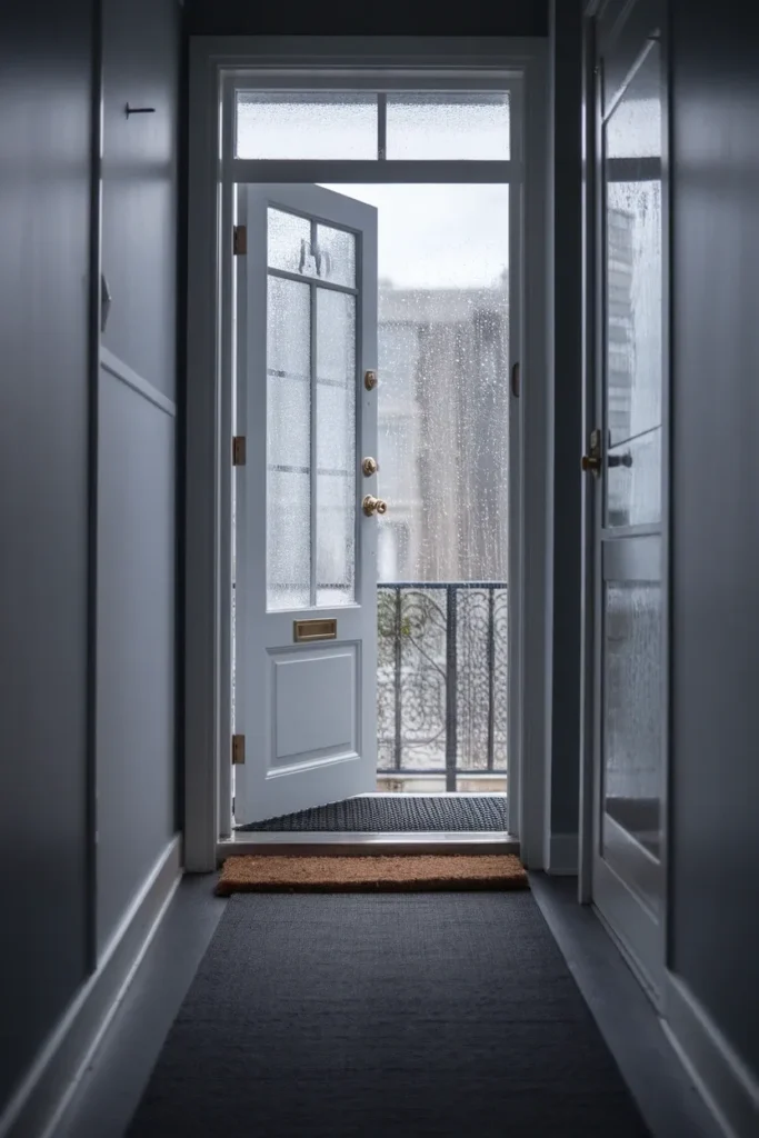 Two-mat entryway system coir scraper mat outside, charcoal washable runner inside a hallway.