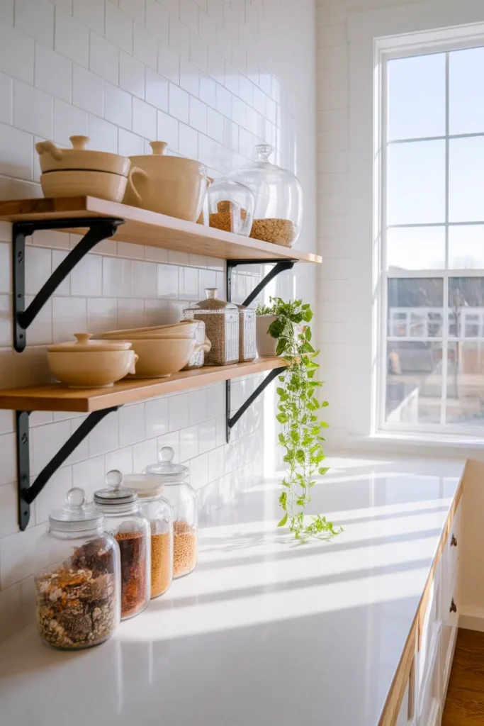 Two oak open shelves above a farmhouse kitchen counter holding stoneware and glass jars.