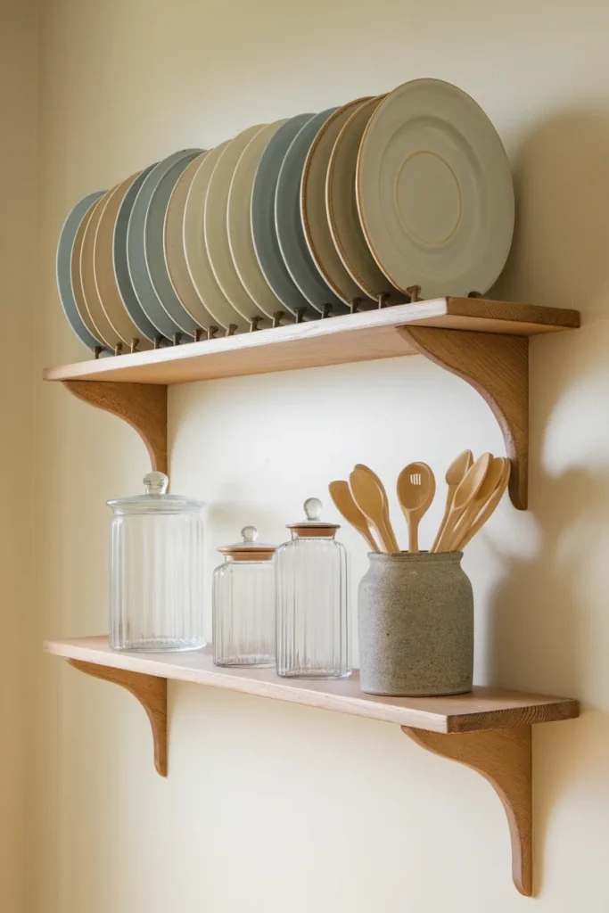 Two open kitchen shelves with mismatched vintage plates and glass canisters, generous spacing.