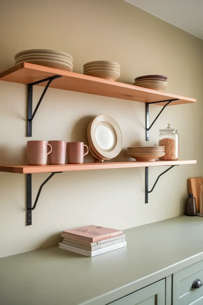 Two open wood kitchen shelves styled with cream ironstone plates and dusty pink stoneware mugs.