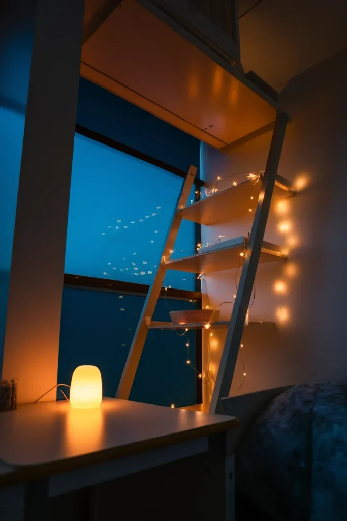 Two warm 2700K light pools in a dorm corner at dusk with the overhead light switched off.