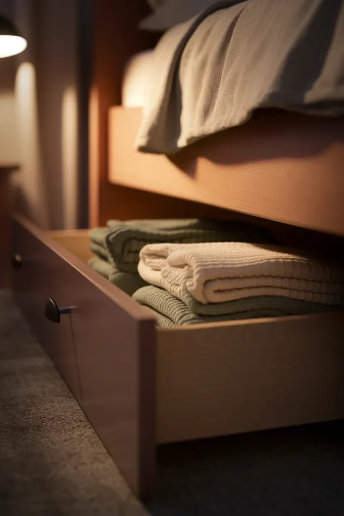 Under-bed storage drawer open at floor level with rolled sweaters inside, lit by a warm lamp.