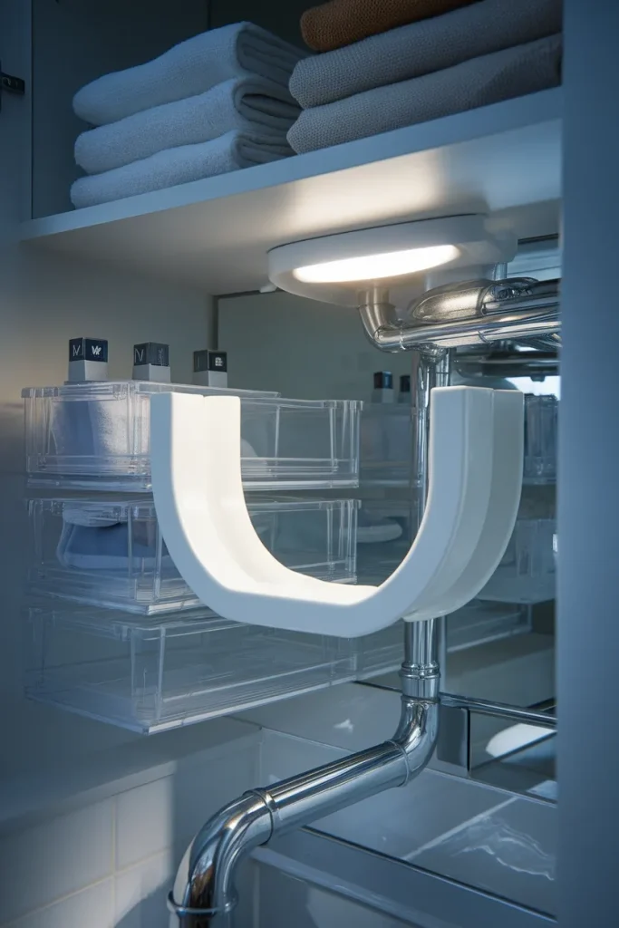 Under sink bathroom storage with a U-shaped shelf over the P-trap and clear bins.