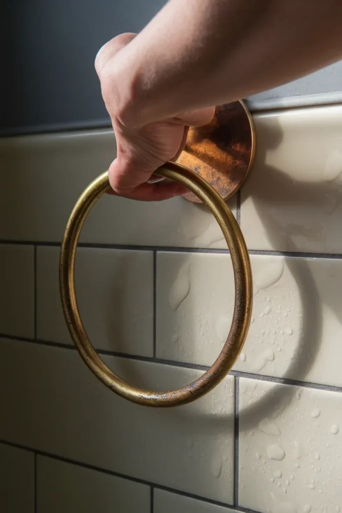 Unlacquered brass towel ring showing uneven patina against cream subway tile in a vintage bathroom.