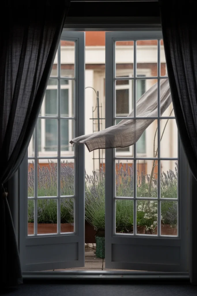 View from a dim apartment through an open door to a windy balcony with a billowing linen curtain.