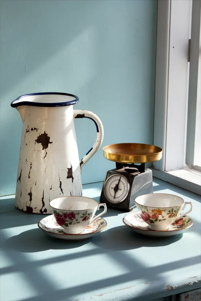 Vintage enamelware pitcher, brass scale, and floral teacups on a pale blue kitchen surface.