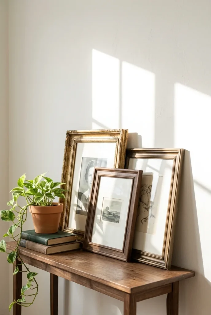 Vintage frames leaning on a wooden console against a bare wall in bright morning sun.