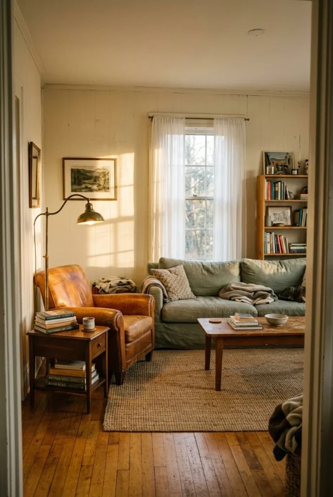 Vintage living room decor with leather armchair, jute rug, and brass floor lamp in golden light.
