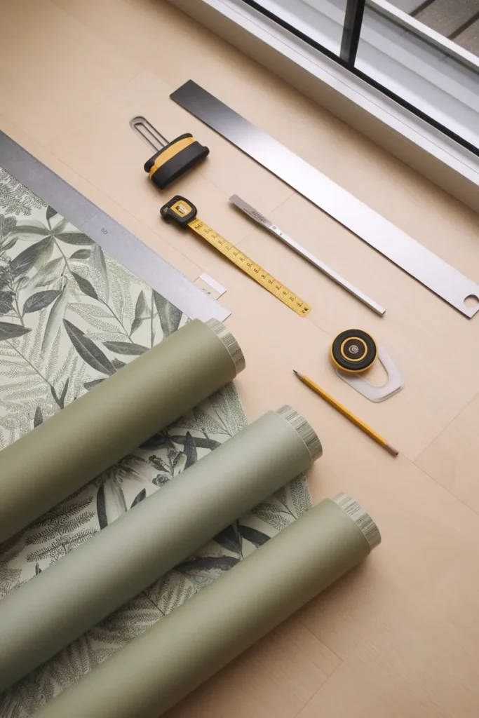 Wallpaper rolls, straightedge and tape measure laid out for a small powder room install.