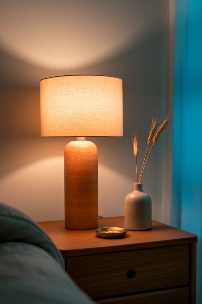 Walnut nightstand styled with a lit lamp, dried wheat in a bud vase, and a small brass dish.
