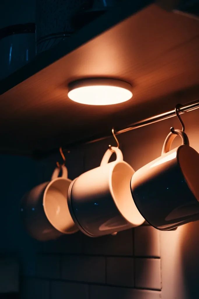 Warm 2700K LED puck light glowing under a kitchen shelf onto mugs on brass hooks.