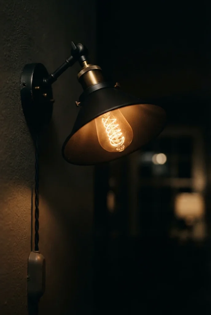Warm 2700K bulb glowing in a black swing-arm wall sconce at night above a reading chair.