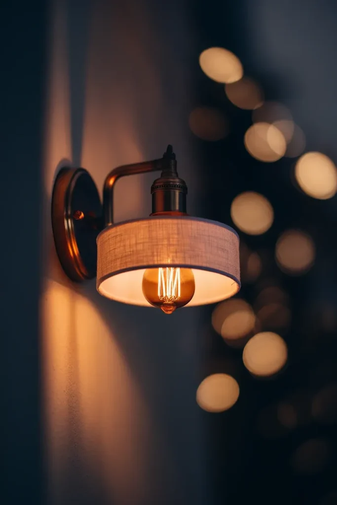 Warm 2700K bulb glowing in a linen shade on a brass swing arm sconce at night.