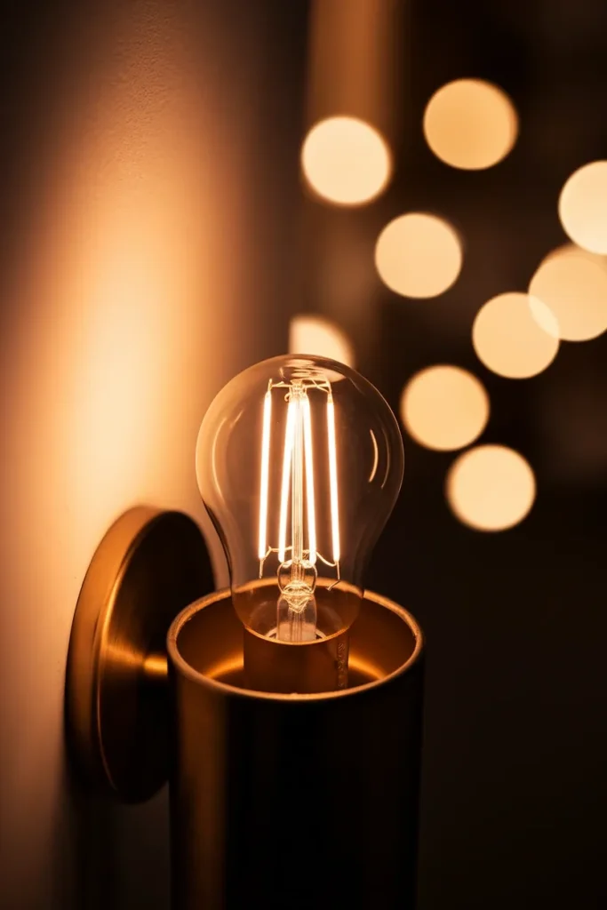 Warm 2700K filament bulb glowing in a brass entryway sconce at night.