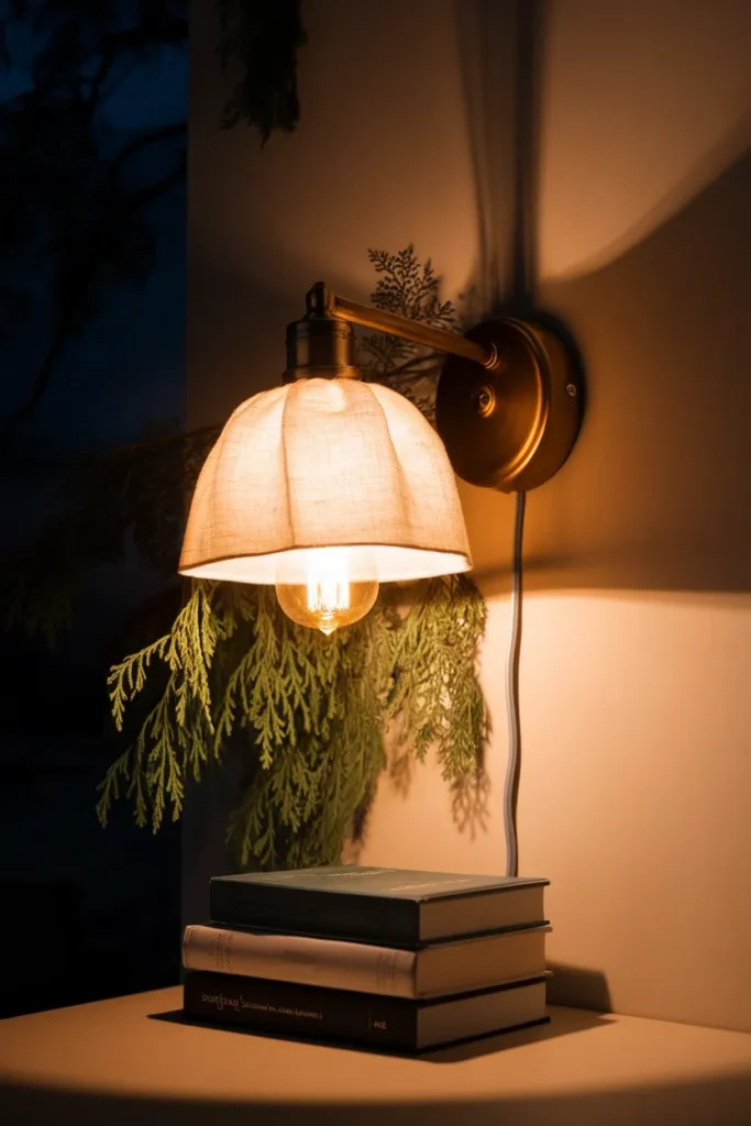 Warm 2700K plug-in wall sconce lighting a reading corner with cedar sprigs.