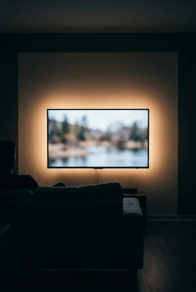 Warm bias light glowing behind a wall-mounted TV in a dark living room.