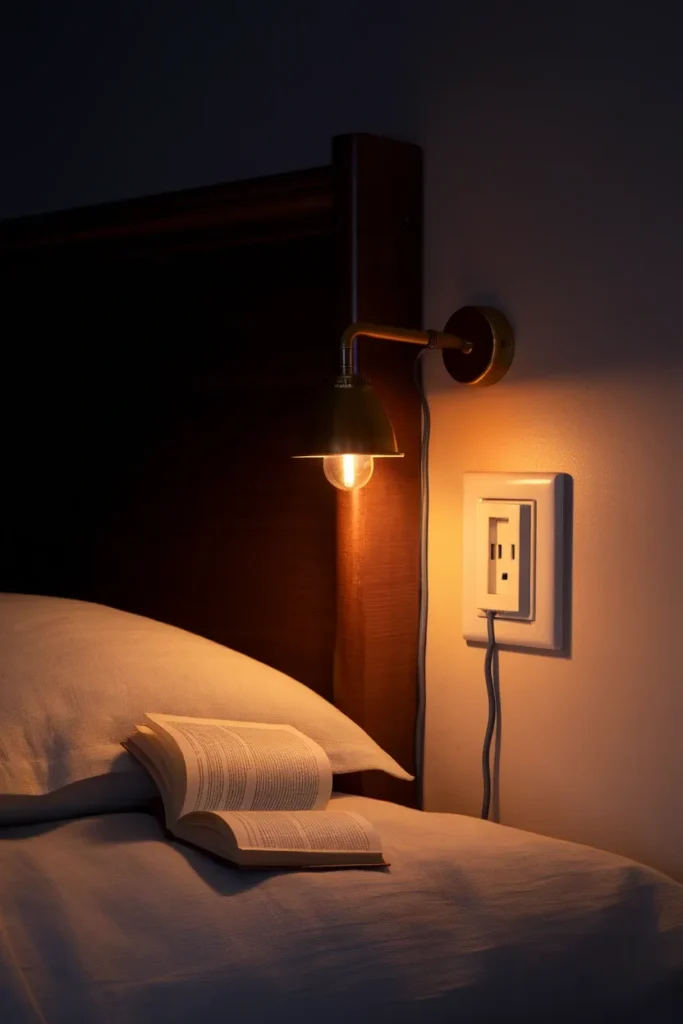 Warm brass plug-in sconce glowing beside a headboard in a dark cottagecore bedroom.