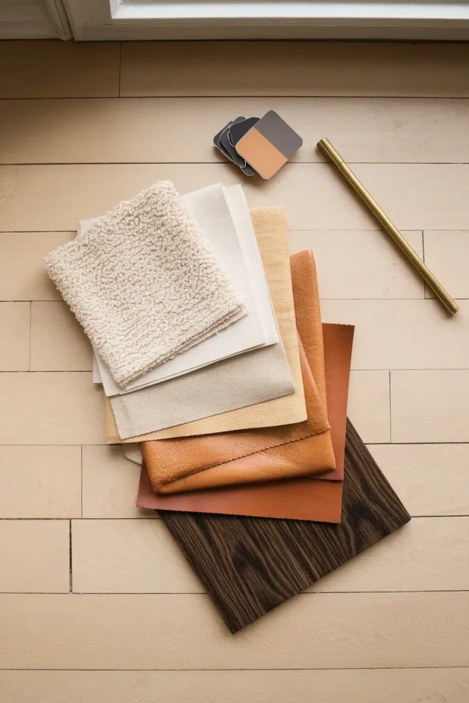 Warm neutral color palette swatches from cream boucle to walnut wood laid out on oak floor.