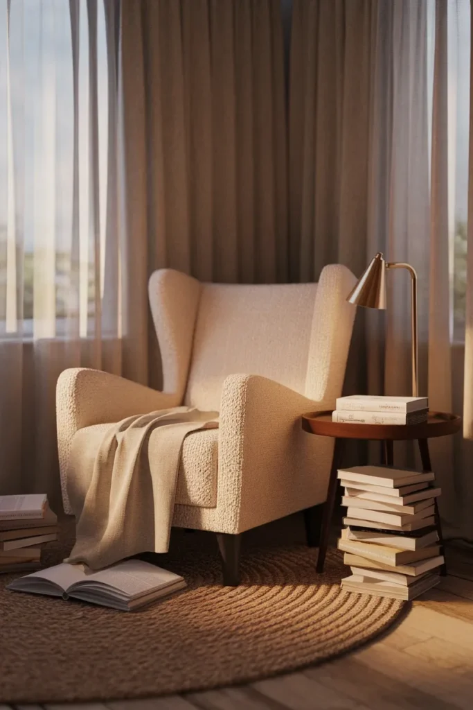Warm neutral home decor reading corner with cream boucle armchair, jute rug, and brass lamp.