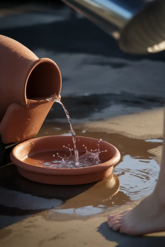 Water draining from the base of a terracotta container garden pot into a clay saucer at sunrise.