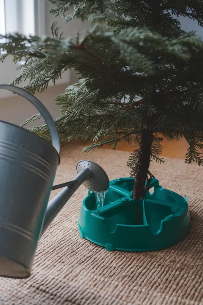 Watering a real Christmas tree stand, one quart per inch of trunk diameter daily.