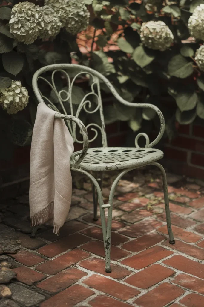 Weathered sage green cast iron bistro chair with a linen throw on a brick cottagecore patio.