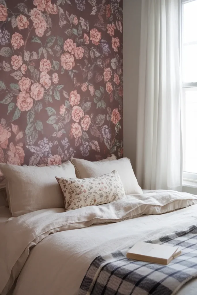 Whimsical cottagecore bedroom mixing floral wallpaper, check throw, and ditsy print pillow.