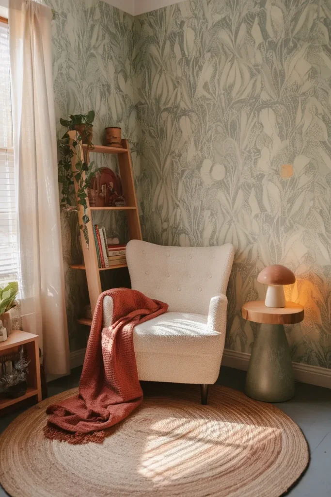 Whimsical home decor corner with sage botanical wallpaper, boucle chair, and a glowing mushroom lamp.