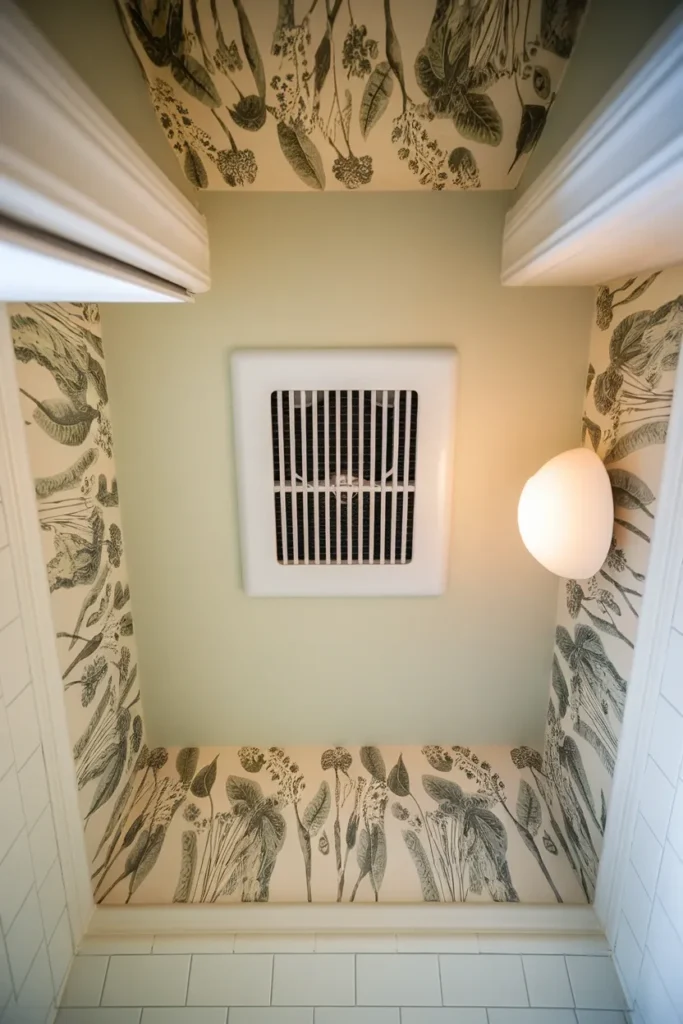 White ceiling exhaust fan grille above cottage wallpaper in a windowless powder room.