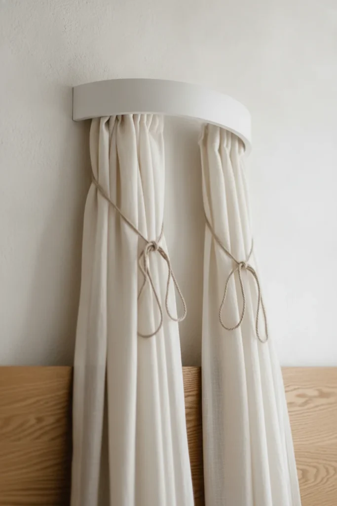 White corona bracket above a headboard with ivory linen half canopy panels falling to each side.