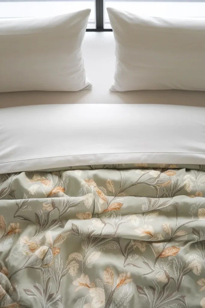 White sheet folded eight inches over a sage floral duvet showing the one-ground layering rule