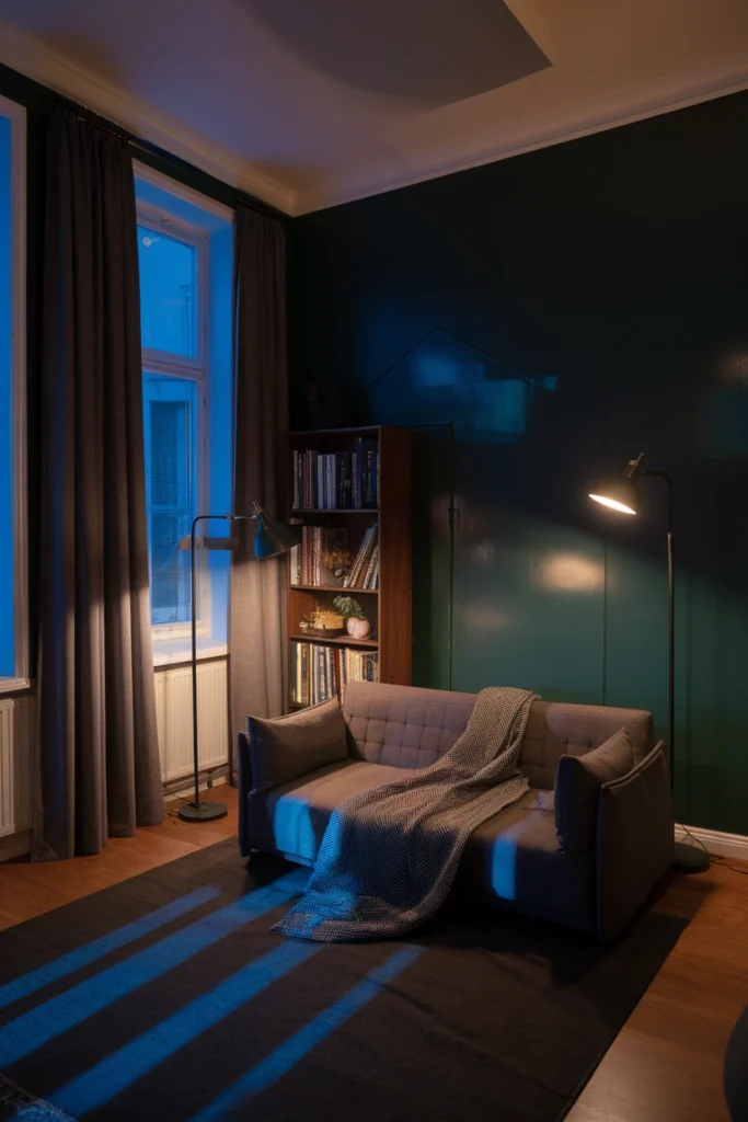 Wide view of a small dark academia living room at dusk with two warm lamps and drawn curtains.