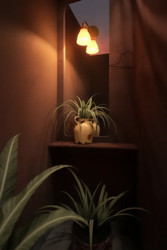 Windowless bathroom lit by one warm sconce with a spider plant in a vintage enamel jug.