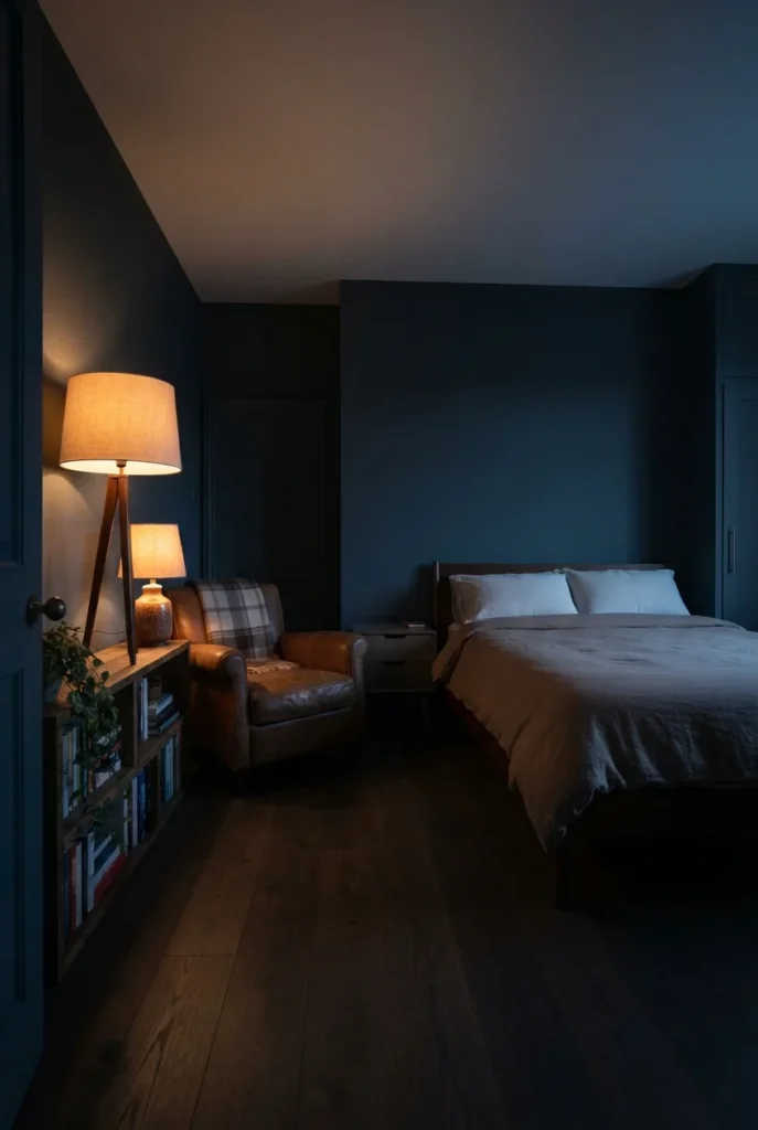Windowless bedroom at night with a reading corner lit by two lamps at different heights. Bedroom Reading Corner Ideas