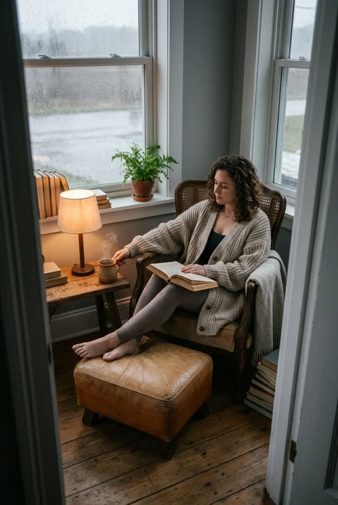 Woman curled in a caned armchair reading in a corner nook with rain on the window.