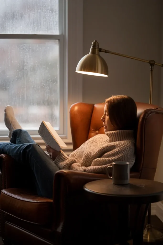 Woman curled in a leather armchair reading under a brass lamp on a rainy morning.