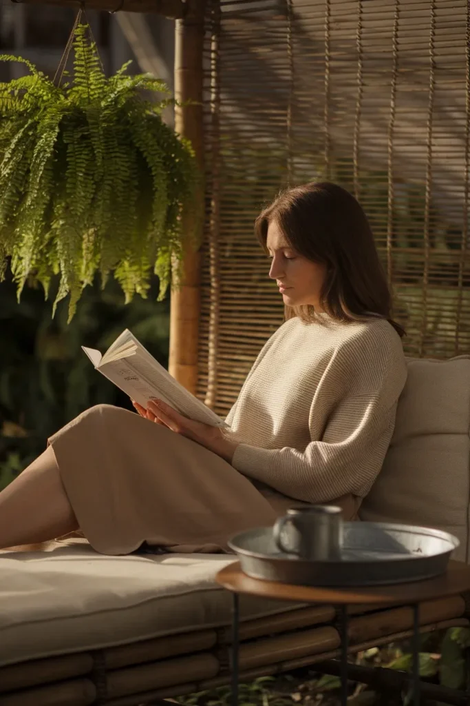 Woman reading on a cushioned bench in a cottagecore patio nook with a hanging fern and side table.
