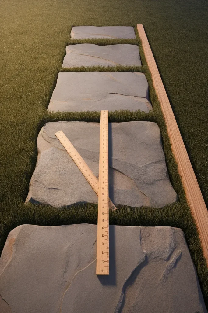 Wooden rule and 2x4 spacer measuring the gap between flagstone stepping stones in grass.