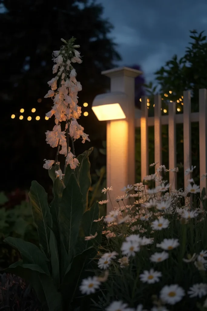 White flowering tobacco glowing under a warm 2700K garden sconce in a dark cottage garden at night.