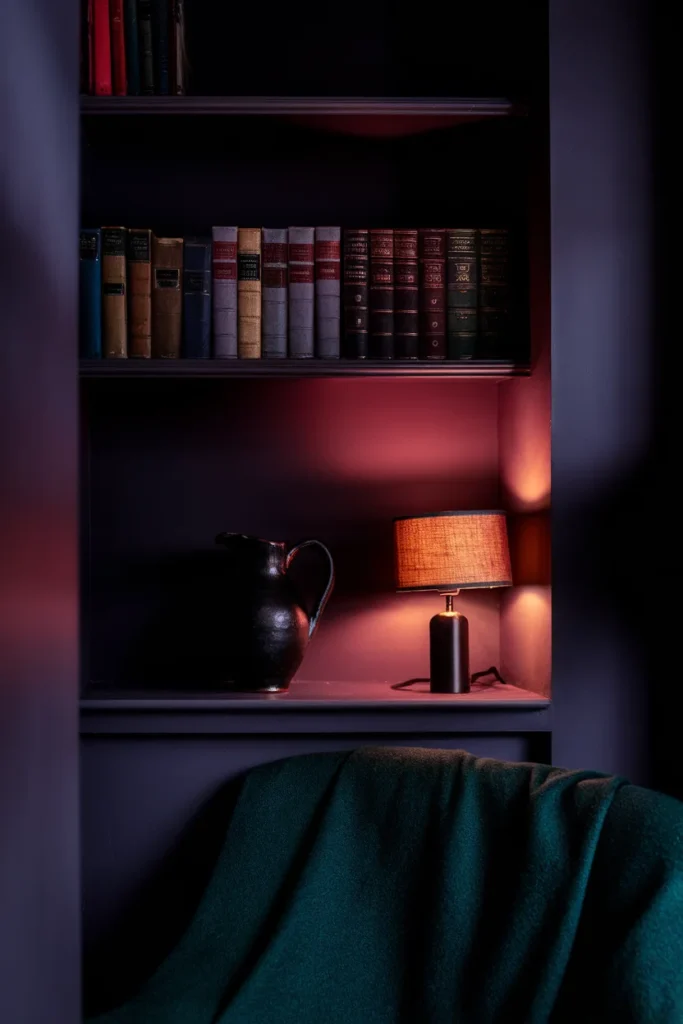 Dark cottagecore corner at night with plum shelf, old books, and a warm lamp.