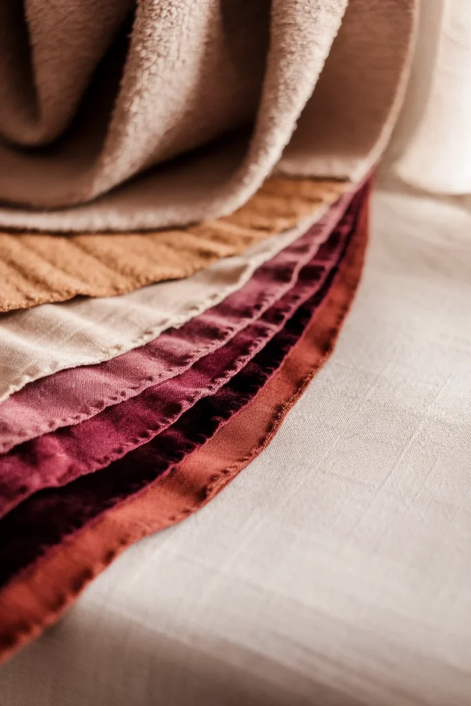 Fall color palette swatches in oatmeal, camel, plum and rust for warm autumn home decor.