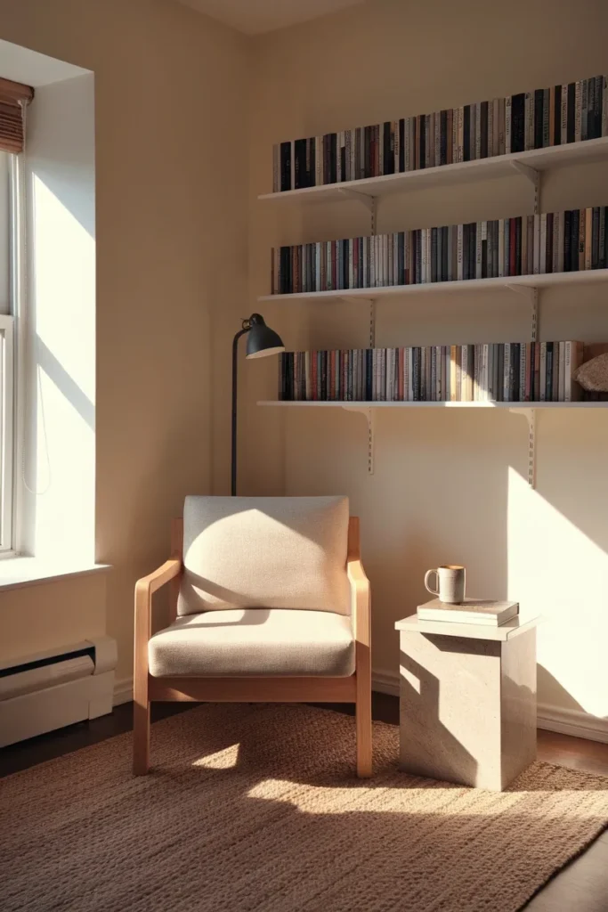 Cozy corner living room reading nook with birch armchair, floor lamp and jute rug in warm afternoon light.