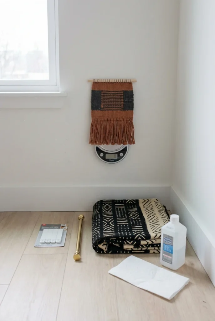 Adhesive strips, tension rod and mud cloth laid out for hanging boho decor without drilling.