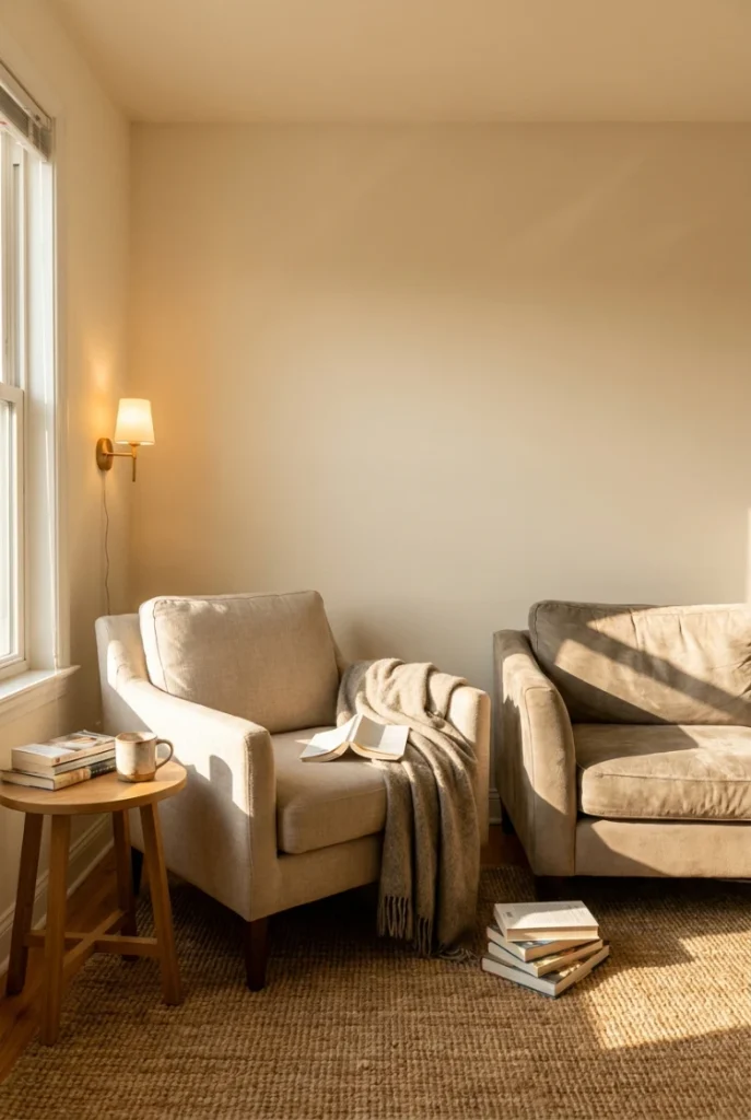 Reading Nook Ideas for Adults with an angled armchair, warm sconce and jute rug in a small apartment.