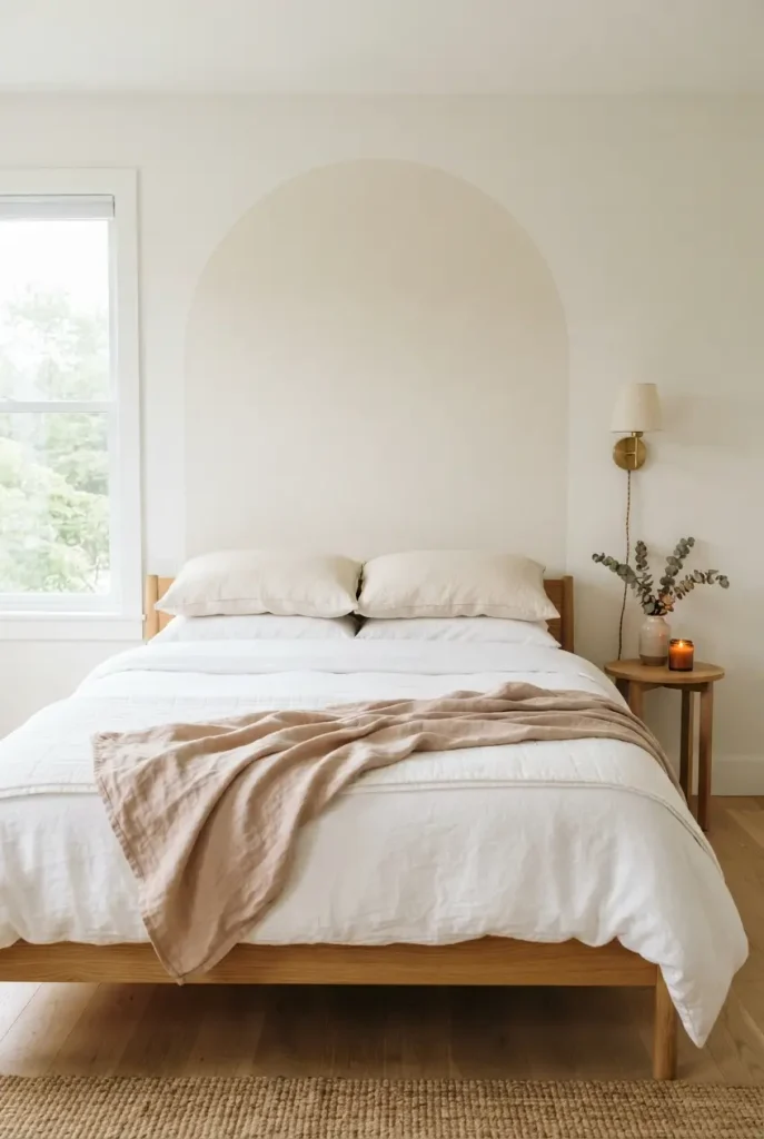 Arched peel and stick wallpaper used as a no-build headboard behind a made bed.