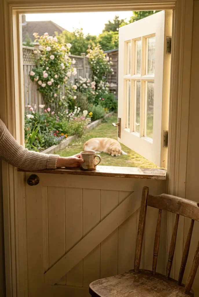 Arm resting on an open Dutch door ledge looking out from a small she shed to the yard