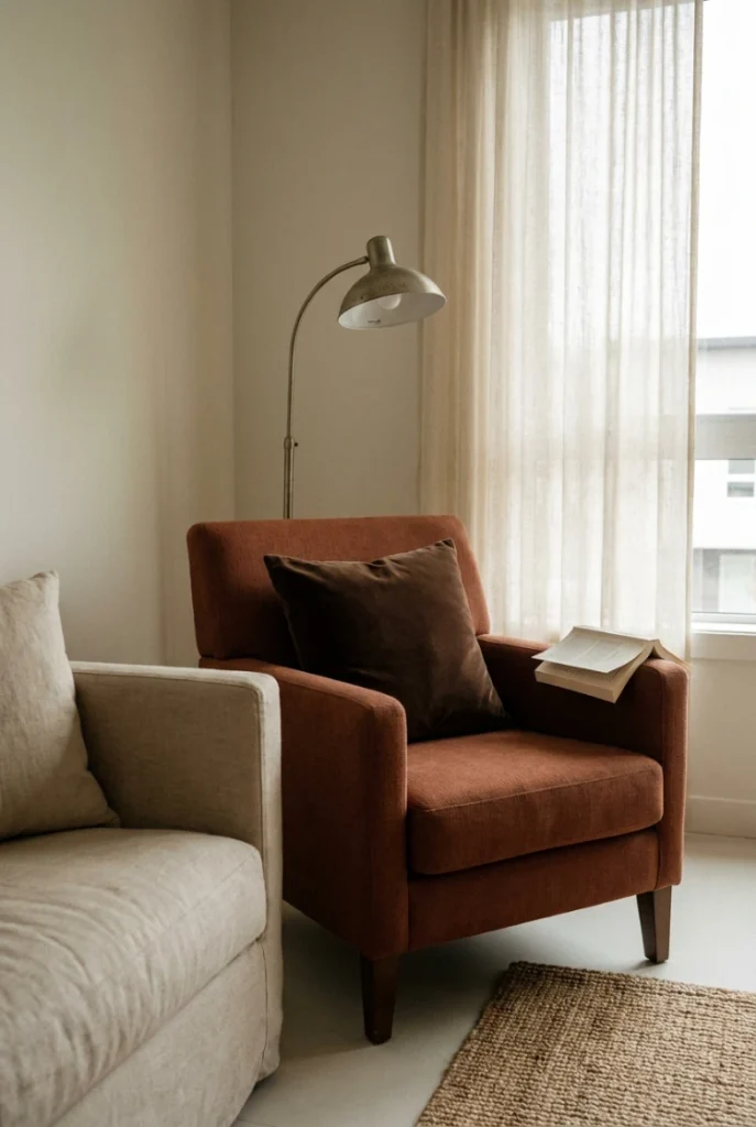 Armchair angled away from a sofa to create a separate adult reading corner.