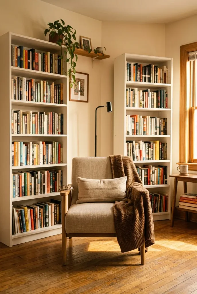 Armchair framed by two narrow white bookcases, a renter friendly library wall in golden hour light