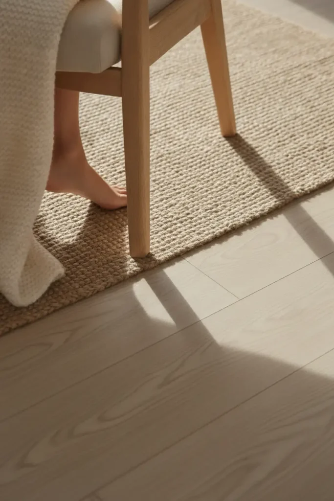 Armchair front legs resting on a jute rug in a small apartment.
